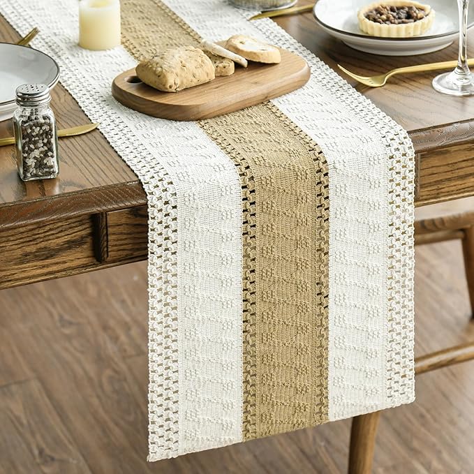 Artoid Mode Burlap Brown Farmhouse Rustic Table Runner, Seasonal Holiday Hollow Kitchen Dining Table Decoration for Home Party Decor 12x48 Inch