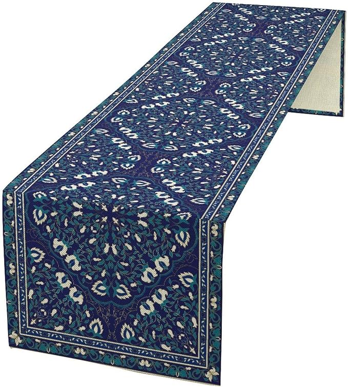 Boho Floral Vintage Table Runner, Retro Morris Abstract Blue Flower Rustic Country Farmhouse Pattern for Home Kitchen Table Decor Dining Coffee Room Wedding Party Decor 13x90in
