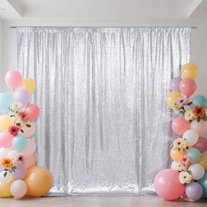 SquarePie Sequin Backdrop Not See Through Thick Stain Background for Photography Glitter Curtain Party 8FT x 8FT Silver