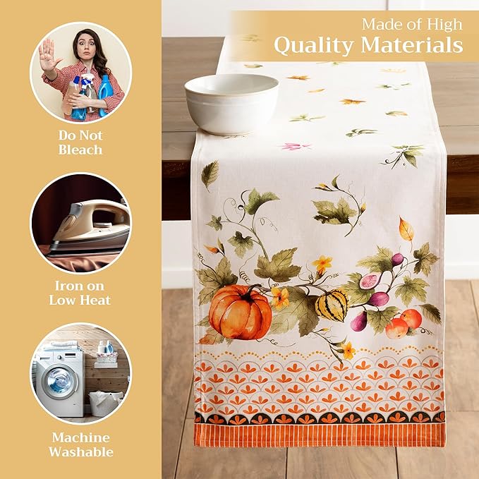 Maison d' Hermine Table Runner 100% Cotton Double Layer Table Runners 108 inches Long for Thanksgiving Christmas Decorations Home Kitchen Dining Wedding (Pumpkin Garden - Cloudy Cream, 14.5" x 108")
