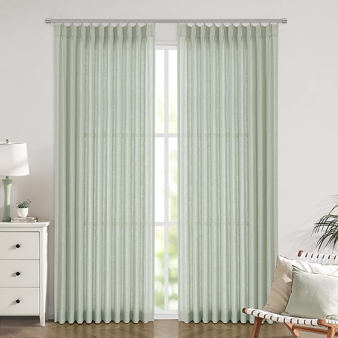 Vision Home Light Green Pinch Pleated Semi Sheer Curtains Textured Linen Blended Light Filtering Window Curtains 112 inch for Living Room Bedroom Patio Pinch Pleat Drapes with Hooks 1 Panel 60"Wx112"L