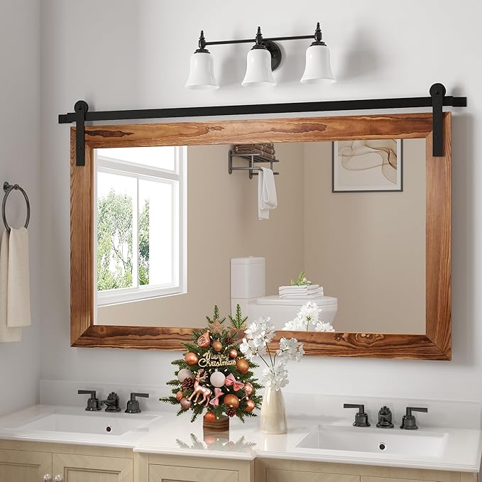 COGOOD Farmhouse Barn Door Mirror - 41" x 26" Rustic Wood Framed Wall Mirror for Bathroom, Living Room, Bedroom Wall Decor (Brown)