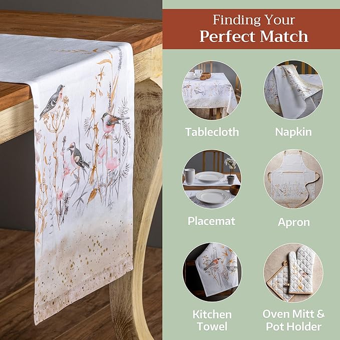 Maison d' Hermine Table Runner 100% Cotton Single Layer Table Runners 108 inches Long Decorative for Home Dining Party Wedding Bridal Shower Spring Summer (Meadow Florals - Beige, 14.50" x 108")