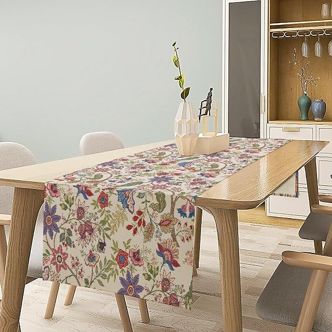 Spring Floral Table Runner, Boho Floral Pattern Natural Plant Table Decoration for Home Kitchen Restaurant Holiday Party,13in（33cm） W * 90in（229cm） L