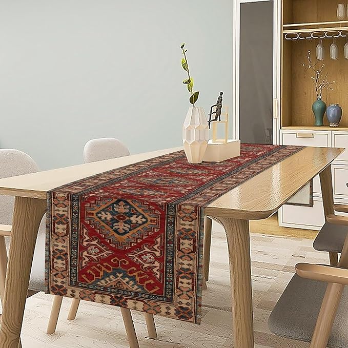 Boho Floral Vintage Table Runner, Red Grey Retro Flower Rustic Country Farmhouse Abstract Pattern for Home Kitchen Table Decor Dining Coffee Room Party Decor 13x36in