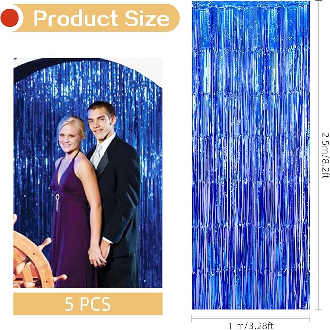 5 Pack Blue Fringe Foil Curtains 3.2ft x 8.2ft Tinsel Backdrop Streamers for Birthday Party Decoration Wedding Christmas Decoration (Navy)