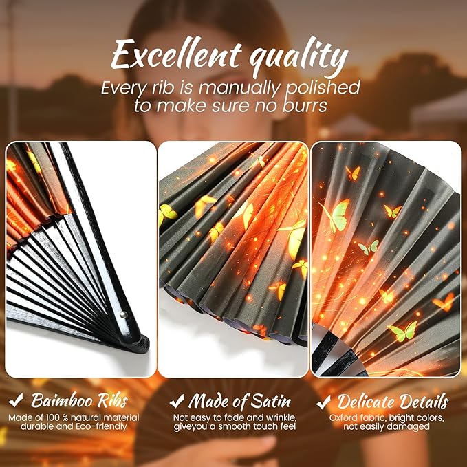 SYNTECSO Folding Hand Fan for Rave, Popping Fan for Line Dancing, Drag Queen, Women and Men Gift，Chinese Japanese UV Glow Clack Fan for Parties, Music Festivals, EDM and Decoration