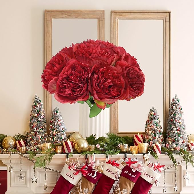 U'Artlines 10 Heads Artificial Peony Silk Flower Leaf Home Office Wedding Party Festival Bar Decor (Red)