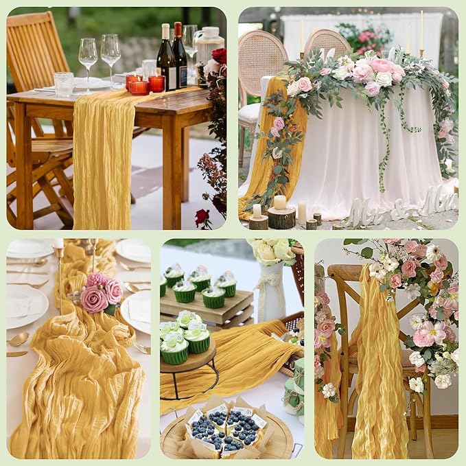 Asee'm 3pcs Cheesecloth Table Runner 120 Inches Long Gold Boho Gauze Cheese Cloth Runner 10FT Rustic Sheer Table Runners for Christmas Wedding Party Baby Shower Spring Easter Decoration