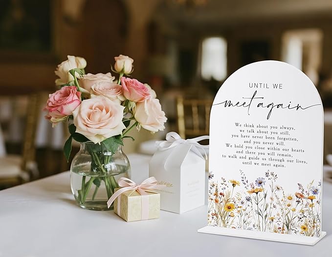 Memorial Table Sign for Wedding, Boho Floral Until We Meet Again Sign, Wedding Signage with Stand, Bridal Shower Table Centerpieces, Supplies for Engagement Reception and Event Party, 38