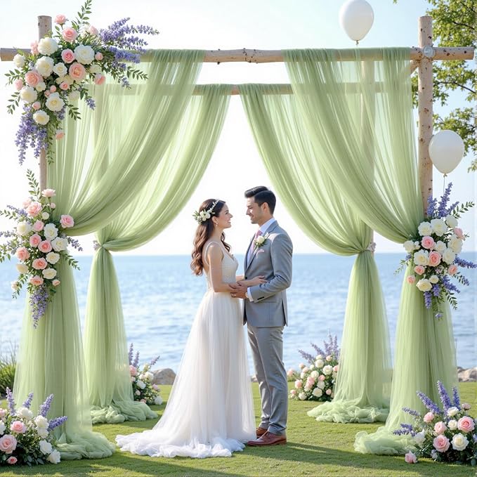 Wedding Arch Draping Fabric Backdrop 2 Panel 60" x 26Ft Sage Green Drapes Curtains for Wedding Reception Sheer Tulle Backdrop Curtain for Ceremony Birthday Party Baby Shower Arbor Ceiling Decorations