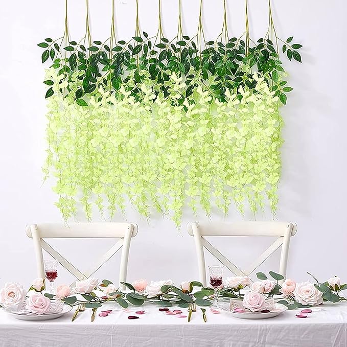 24 Pack Green Wisteria Hanging Flowers Garland, 3.77 Feet Artificial Flower Vines, Fake Wisteria, Artificial Vines Hanging Garland for Backdrop Outdoor Yard Garden Decor