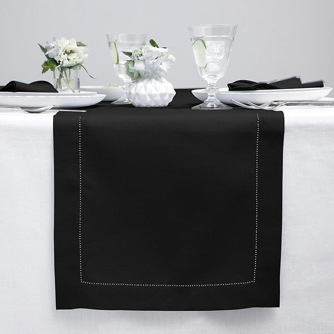 Solino Home Linen Black Table Runner 72 Inches Long - 100% Pure Linen Hemstitch Table Runner 14 x 72 Inch for Dresser, Dining, Fall, Autumn, Halloween, Thanksgiving, Holiday - Classic Hemstitch