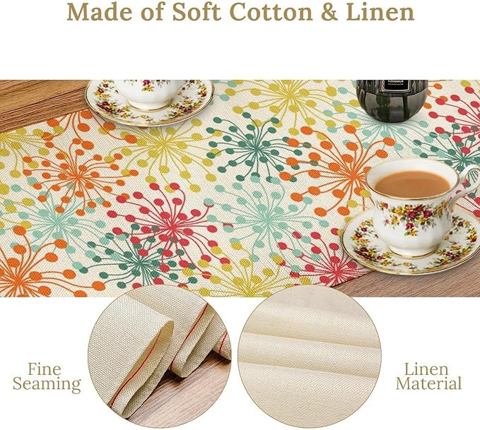 Mid Century Flower Table Runner, Colorful Geometric Abstract Chrysanthemum Vintage Farmhouse Decorations Orange Yellow Gray Table Runner for Kitchen Dining Holiday Party Decor, 13x90 Inch