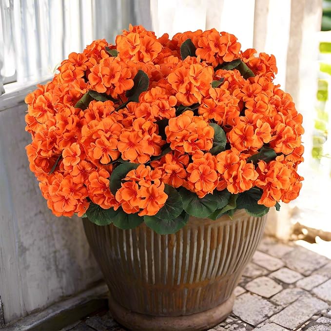 Hananona 12 Pcs Artificial Geranium Flowers for Outdoors Geranium Silk Orange Flower Outdoor UV Resistant Patio Plants Faux Autumn Flowers for Fall Home Kitchen Table Centerpieces (12, Orange)