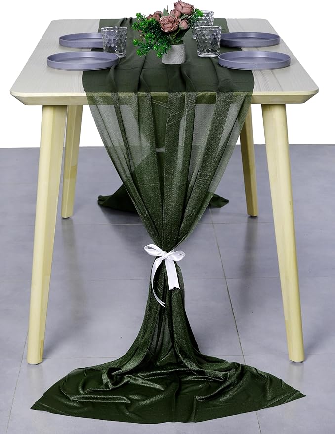 MDS Halloween Chiffon Table Runner - 25 Pack, 29 x 170 Inches, 14ft Each - Sheer Spooky Table Runners for Haunted House Parties, Trick-or-Treat Tables, Witchy Décor, Wedding & Events - Olive Green