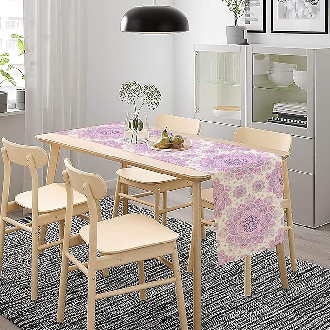 Purple Pink Mandala Table Runner, Traditional Indian Boho Mandala Flowers Print Table Runne for Kitchen Dining Table Office Wedding Party Holiday Home Decor, 13x120inch