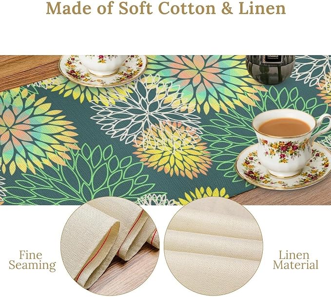 Green Dahlia Flower Table Runner, Linen Geometric Pattern Floral Table Decor Spring Farmhouse Decorations for Kitchen Dining Holiday Party Decor, 13x120 Inch