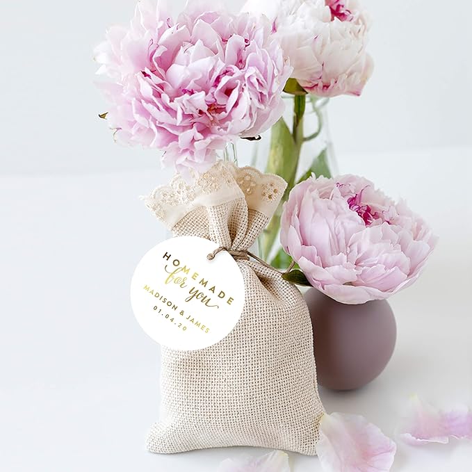 Andaz Press Personalized Round Circle Wedding Gift Tags, Metallic Gold Ink, Homemade for You, 24-Pack, Custom Made Any Name, Gold Party Supplies