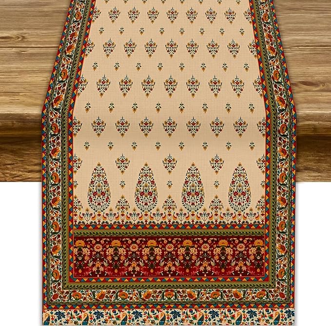Boho Paisley Table Runner, Vintage Western Brown Dark Red Beige Flowers Leaves Print Table Runner for Kitchen Dining Table Wedding Holiday Party Decor, 13x108inch