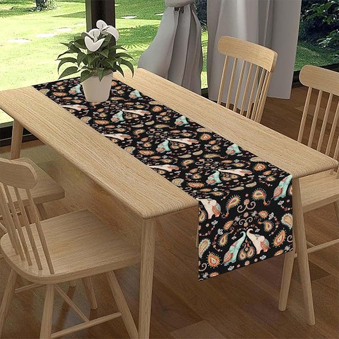 Boho Table Runner, Indian Bohemian Elephant Mandala Paisley Floral Hippie Art Print Table Center Decor for Home Kitchen Dining Patio Holiday Party Indoor Outdoor Table Decorations, 13"x90" Inch