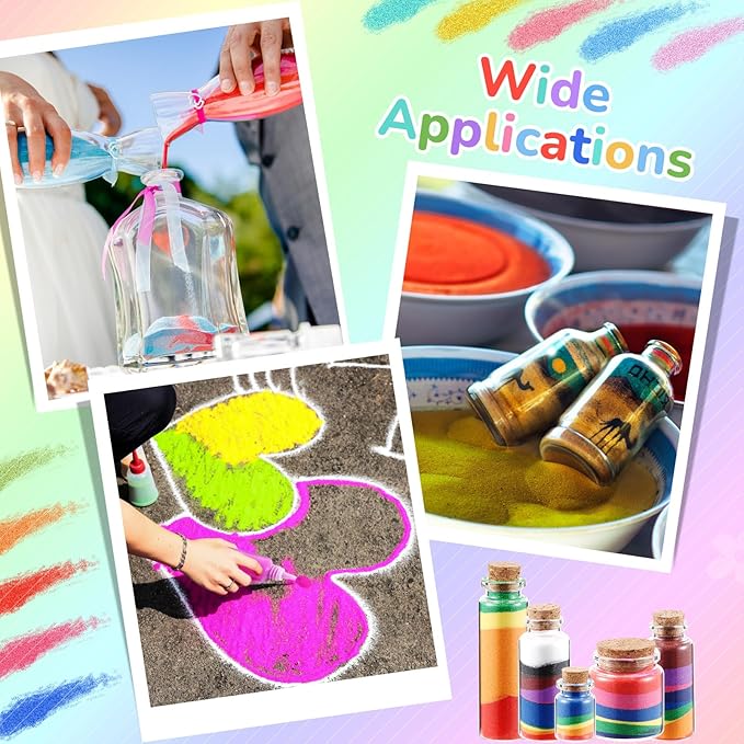 Wettarn 240 Pcs 1.25 oz Sand Art Bottle Kits 60 Colors of Sand and Bottle for Rangoli Art Painting DIY Drawing Favor Diwali Wedding Decoration Vase Glass Crafty Collection (Multicolor)