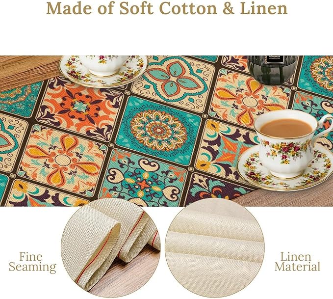 Boho Floral Table Runner,Vintage Bohemian Style Table Runner for Kitchen Dining Table Home Party Decoration 13x60 Inch