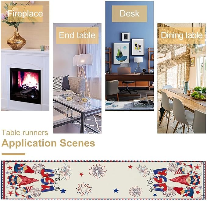 Cute Patriotic Gnomes Table Runner, American Independence Day 4th of July Gnome Blue Red Fireworks Confetti Print Table Runner for Home Kitchen Dining Table Party Decor, 13x60inch