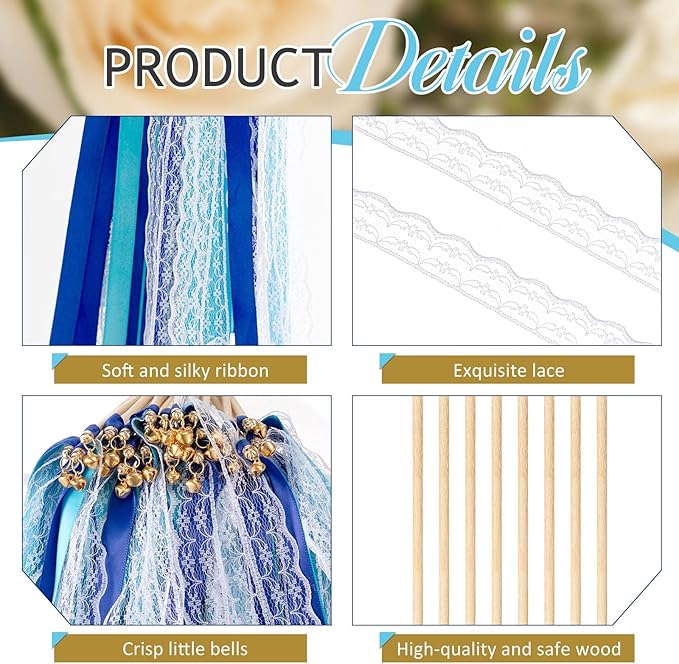 Taiyin 150 Pcs Lace Ribbon Stick Wands Wedding Wand Streamers with Bell Silk Ribbon Fairy Wand Wedding Send Off Streamer for Baby Shower Holiday Party Favors(Dark Blue,Light Blue)