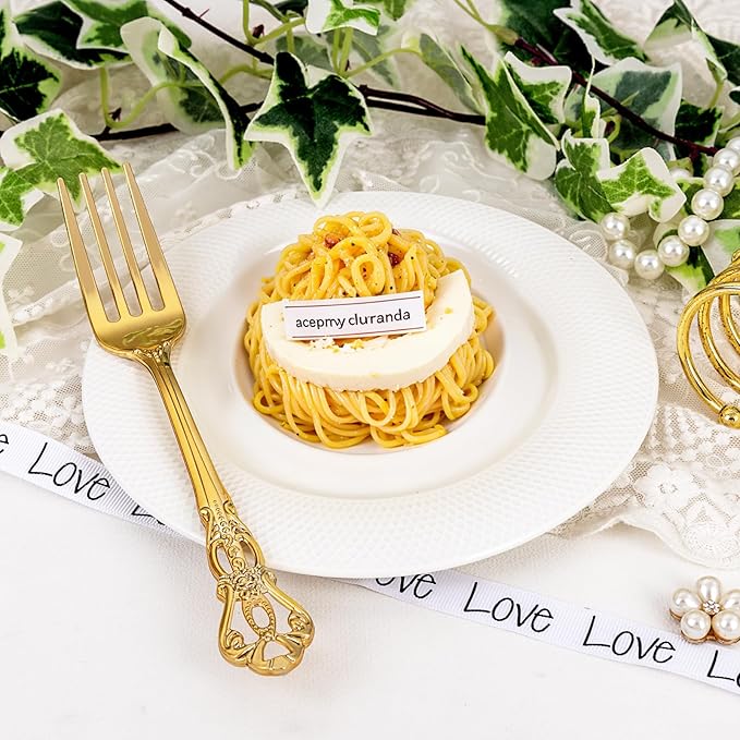 75PCS Gold Plastic Forks - 8.1inch Gold Forks Disposable - Vintage Heavy Duty Dessert Forks - Premium Fancy Plastic Silverware for Parties, Weddings, Dinners and Events