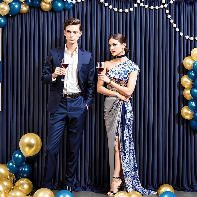 50 ft x 10 ft Wrinkle Free Navy Blue Backdrop Curtain for Parties,Polyester Photo Backdrop Drapes, Thick Background 10 Panels 5ft x 10ft for Baby Shower Wedding Birthday Party Backdrop Stand