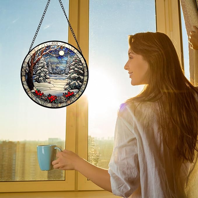 Stained Glass Window Hanging Christmas Tree Winter Snow Night Scenery Large 11.8" - Suncatcher Door Garden Kitchen Sun Catcher Home Decor Birthday for Mom Men Woman Friend