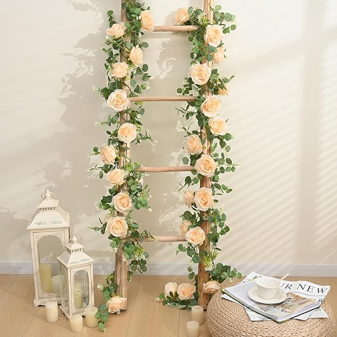 Dolicer 2Pcs 13Ft Artificial Eucalyptus Garlands with Flowers - 8 Roses, Faux Floral Greenery Garlands Fake Flowers Vines for Wedding Table Centerpieces Arch Party Ceremony Backdrop Decor (Champagne)