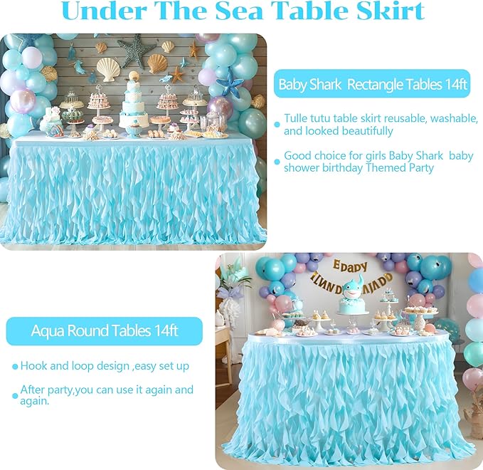Partisky Aqua Blue Tulle Curly Willow Table Skirt for Rectangle Table 14ft, Ruffle Tutu Table Cloth for Boys Baby Shower,Birthday Party Candy Cake Tables
