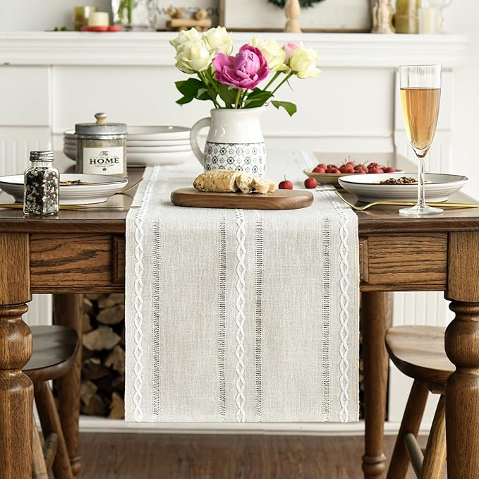 Artoid Mode Beige Rustic Cotton Linen Table Runner, Seasonal Embroidered Hollow Kitchen Dining Table Decoration for Home Party Decor 13x36 Inch