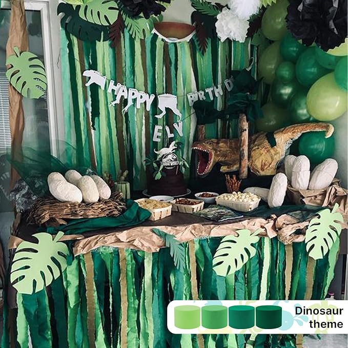 PartyWoo Dark Green Crepe Paper Streamers 4pcs 328ft Pack of Emerald Forest Hunter Green Crepe Paper Streamers for Birthday Baby Shower Woodland Dinosaur Jungle Football Theme Party Decorations