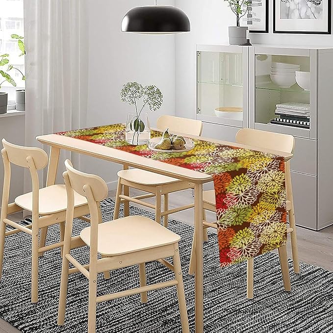 Brown Dahlia Floral Table Runner, Seasonal Autumn Thanksgiving Pattern Print for Home Kitchen Table Decor Dining Coffee Room Party Decor 13x120 Inch