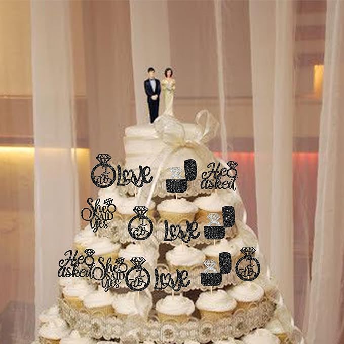 30 PCS He Asked She Said Yes Cupcake Toppers Love I Do Diamond Ring Cupcake Picks for Wedding Enaggement Bridal Shower Party Cake Decorations Supplies Black