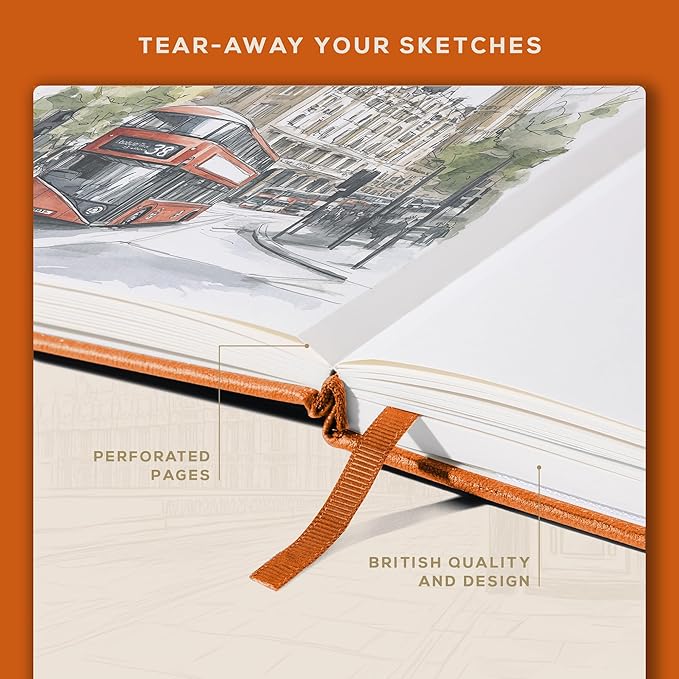 Beechmore Books A4 Sketchbook – 8.5x11 Premium Vegan Leather Bound Large Sketch Book Hardcover with 156 Thick 160gsm Perforated Ivory Pages, Blank Sketch Pad, Gift Boxed, Back Pocket, Ribbon Bookmark