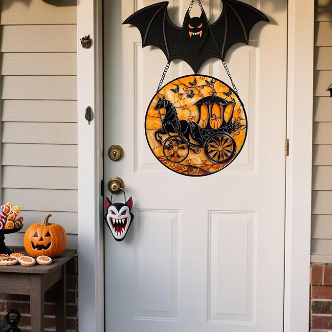 Stained Glass Window Hanging - Halloween Pumpkin Carriage Suncatcher for Doors Window Garden Indoor Spooky Funny Orange Sun Catchers Gothic Decor Horror Gifts for Women Men Friend 7.8 in