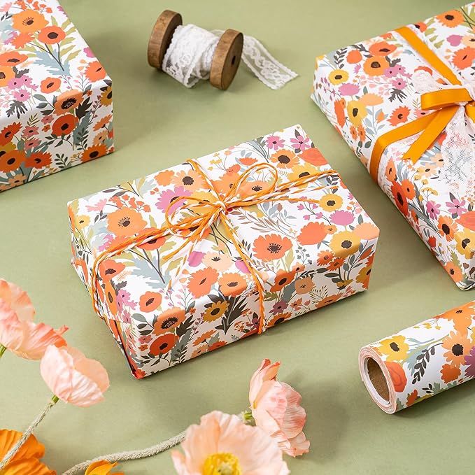 WRAPAHOLIC Kraft Floral Wrapping Paper Roll - Mini Roll - 17 Inch x 33 Feet - Bright Summer Flower Wrapping Paper, Perfect for Wedding, Birthday, Bridal Shower, Tea Party
