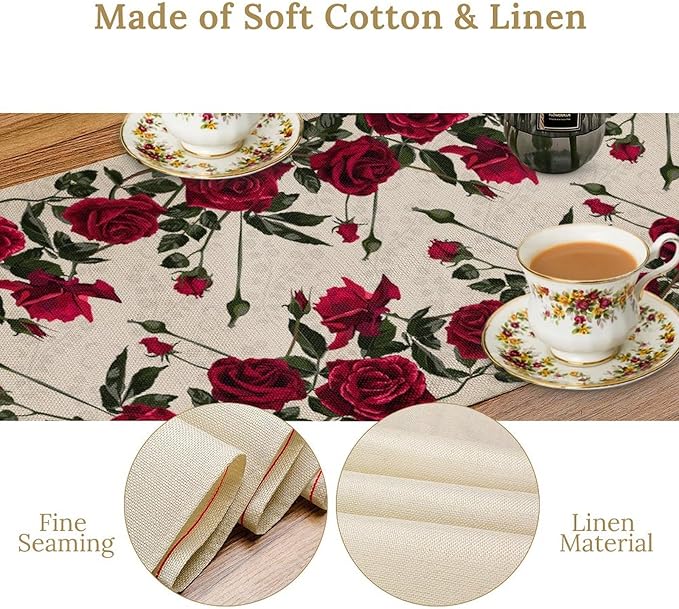 Rose Table Runner, Retro Red Rose Flowers Green Leaves Valentine's Day Kitchen Dinning Table Runner for Indoor Outdoor Home Wedding Party Holiday, 13x108 Inch