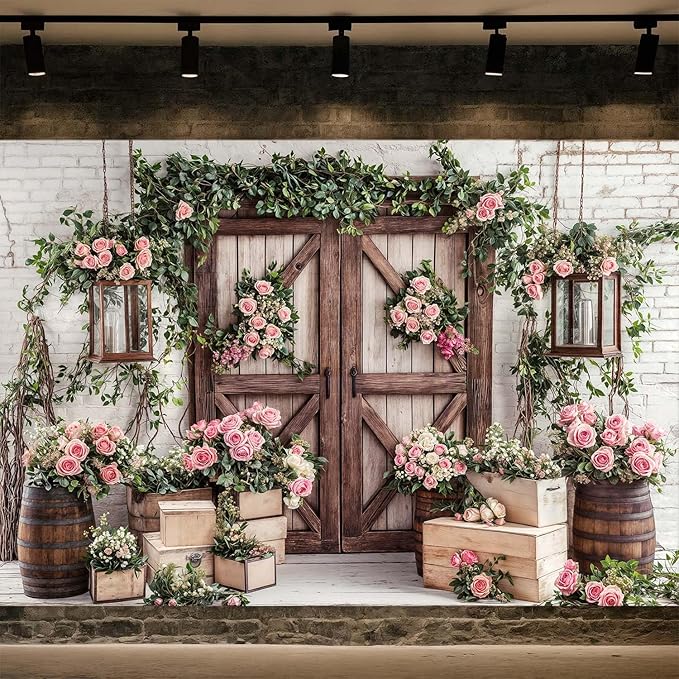 20x10ft Country Wedding Photography Backdrop Floral Rustic Roses Farmhouse Wooden Door Backdrop Pink Flower Birthday Baby Shower Wedding Bridal Party Banner Photo Booth Props Anniversary Background