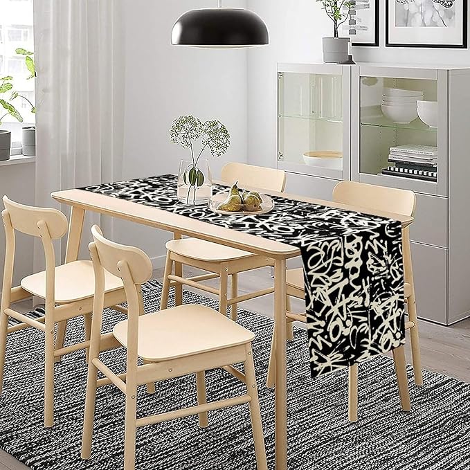 Graffiti Table Runner,Black White Abstract Messy Art Theme Pattern Print Tablecloth Burlap for Hotel Indoors Outdoor Dining Room Kitchen Home Decor,W13X L70 in