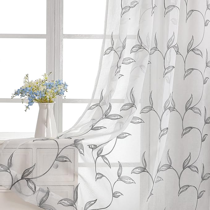 VISIONTEX Sheer Curtains 63 Inch Length 2 Panels, Decor Iron Grey Vine Leaves Embroidery on White Voile Pair, Accent Semi Window Drapes for Kitchen, Living Room and Bedroom, 54" W x 63" L