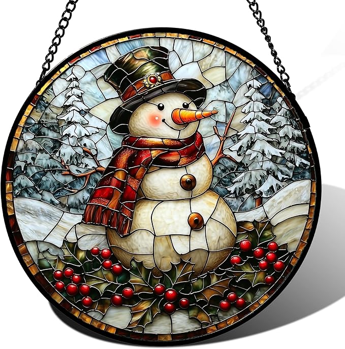Stained Glass Window Hanging - Christmas Snowman Suncatcher for Door Terrace Garden Home Decor Winter Forest Snow Sun Catcher Birthday Gifts for Lovers Women Men Dad Mom Nana 9.8 in
