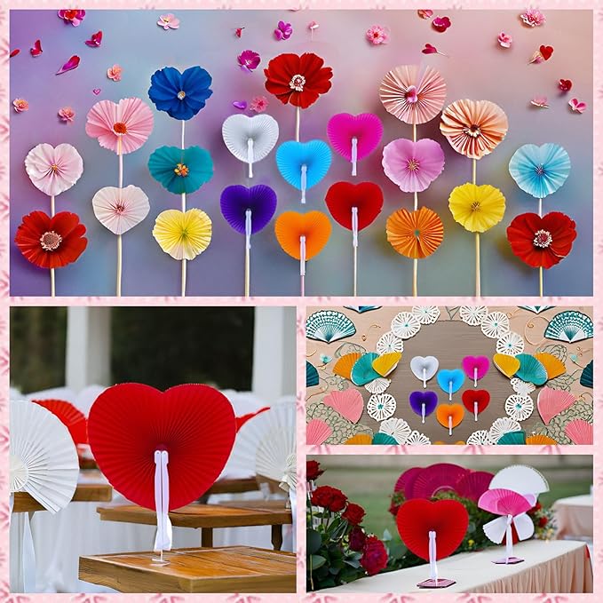 12 Packs Decorative Paper Folding Hand Fans Handheld,Grass Green Heart Foldable Wedding Fans Chinese and Japanese Fans Bulk for Bridal Guest Church Party Favors Dancing Birthday DIY