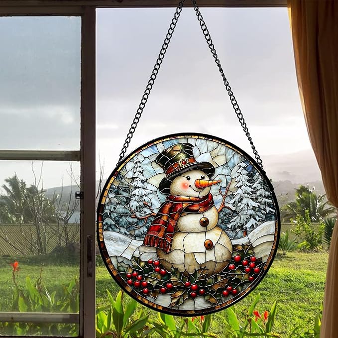 Stained Glass Window Hanging - Christmas Snowman Suncatcher for Door Terrace Garden Home Decor Winter Forest Snow Sun Catcher Birthday Gifts for Lovers Women Men Dad Mom Nana 9.8 in