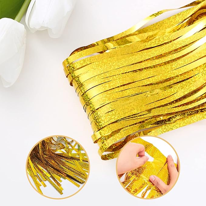 10 Pack Gold Backdrop Curtain 3.2ft x 8.2ft Metallic Tinsel Foil Fringe Curtains Photo Booth Background for Birthday Party Decoration Baby Shower Engagement Wedding Christmas Decoration (Gold)