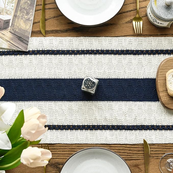 Artoid Mode Dark Blue Farmhouse Woven Rustic Table Runner, Seasonal Holiday Hollow Kitchen Dining Table Decoration for Home Party Decor 12x60 Inch